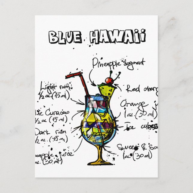 Carte Postale Blue Hawaii Cocktail Recette (Devant)