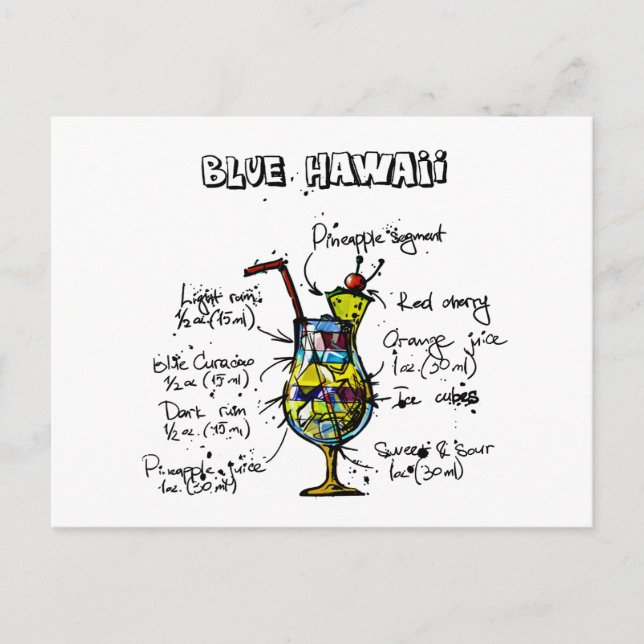 Carte Postale Blue Hawaii Cocktail Recette (Devant)