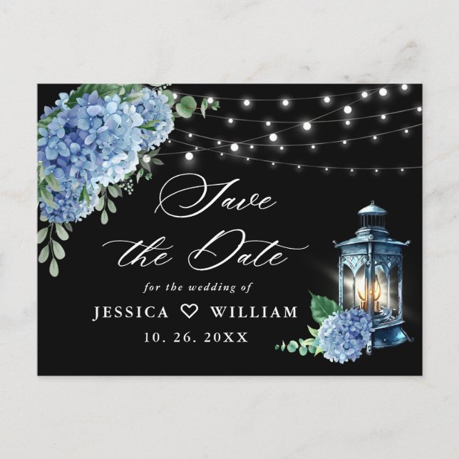 Carte Postale Blue Hydrangea Lantern Noir Mariage Enregistrer la (Devant)