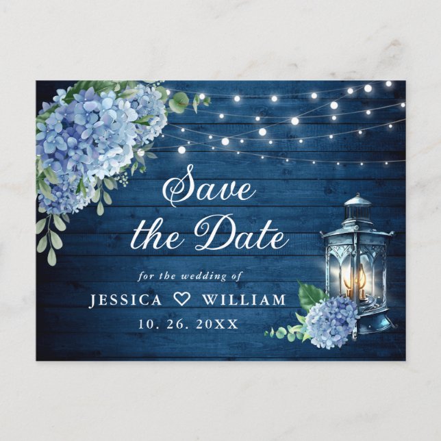 Carte Postale Blue Hydrangea Lantern Wedding Enregistrer la date (Devant)