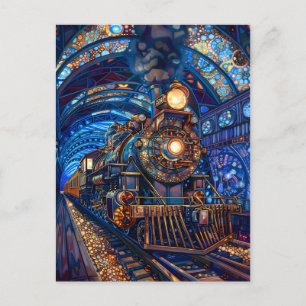 Carte Postale Blue Magical Steampunk Train Loco Faux Mosaic 065