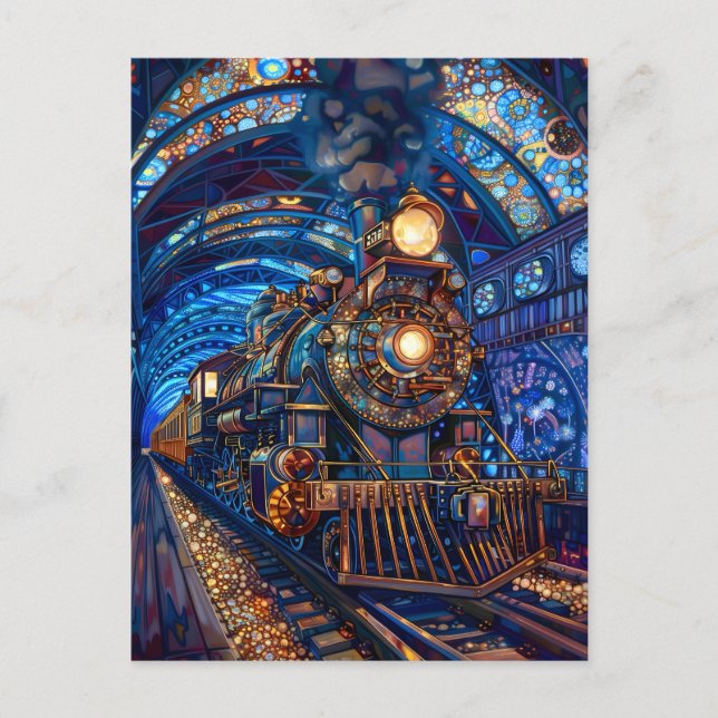 Carte Postale Blue Magical Steampunk Train Loco Faux Mosaic 065 (Devant)