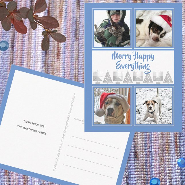 Carte Postale Blue Merry Happy 4 Photo Hanoukka Christmas (It's simple to add your photos and custom text to these Christmas and Hanukkah interfaith postcards)
