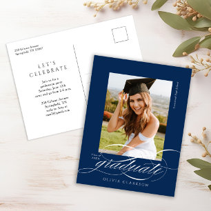 Carte Postale Blue Modern Élégant Script Photo Graduation Party