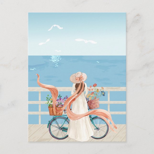 Carte Postale Blue Ocean fille d'été avec vélo (Devant)