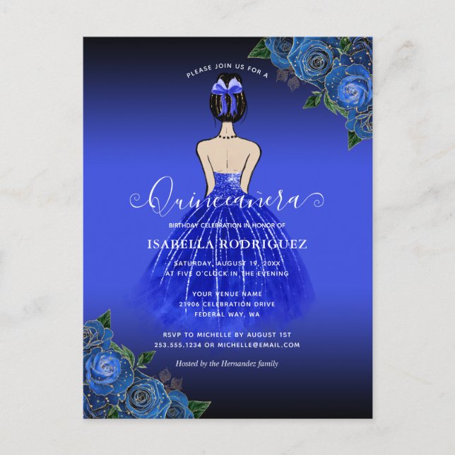 Carte Postale Blue Princess Gold Anniversaire Quinceañera Invita (Devant)