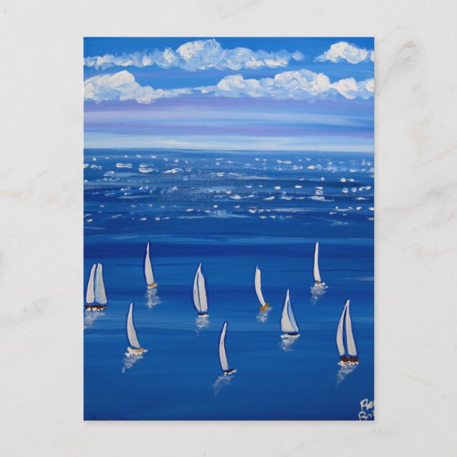 Carte Postale Blue Sailing Bateaux Folk Art Post Card (Devant)
