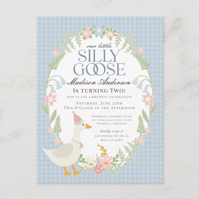 Carte Postale Blue Silly Goose Floral En vichy fête d'anniversai (Devant)