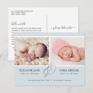 Carte Postale Blue Simple Twin Boys Photo Faire-part de naissanc