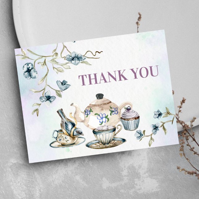 Carte Postale Blue violet aquarelle fleurie fête de thé merci (Tea party thank you card vintage tea pot cup little bird flowers pastel lilac blue theme )