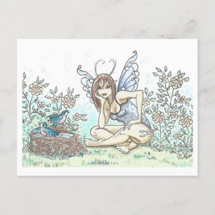 Carte Postale Bluebird Bath Fairy Illustration Art Imprimer