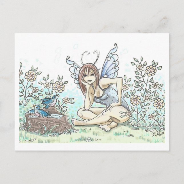 Carte Postale Bluebird Bath Fairy Illustration Art Imprimer (Devant)