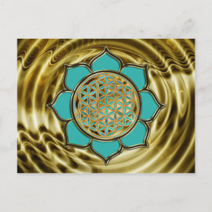 Carte Postale Blume des Lebens Lotus - türkis / vagues dorées