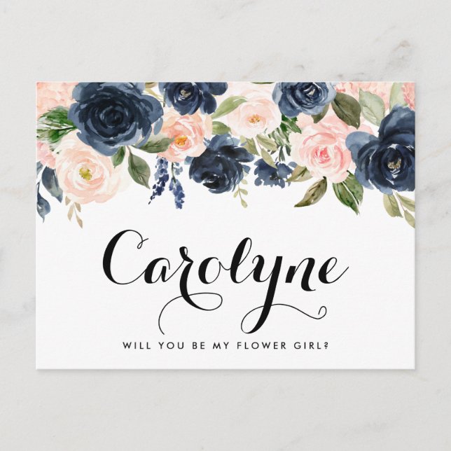 Carte Postale Blush and Navy Flowers will you be My Flower Girl (Devant)