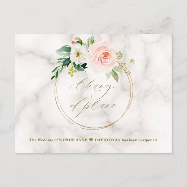 Carte Postale Blush Floral Marbre Or Changement de plans Mariage (Devant)