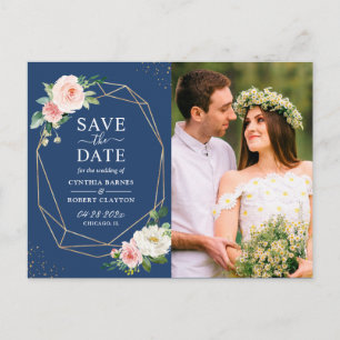 Carte Postale Blush Floral Navy Blue Geo Frame Enregistrer la da