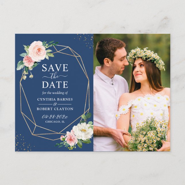 Carte Postale Blush Floral Navy Blue Geo Frame Enregistrer la da (Devant)