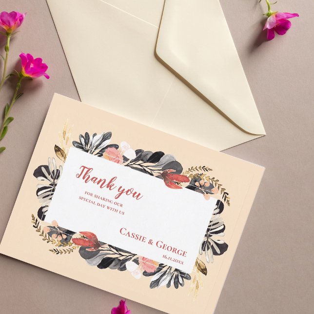 Carte Postale Blush romantique & Black Floral Mariage Merci (Romantic Blush & Black Floral Wedding Thank You Postcard)