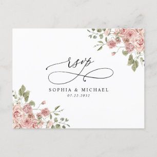Carte Postale Blush rose floral botanique QR Code Mariage RSVP