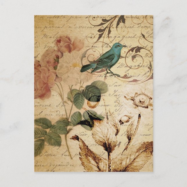 Carte Postale Bohème chic Paris Scripts oiseau français botaniqu (Devant)