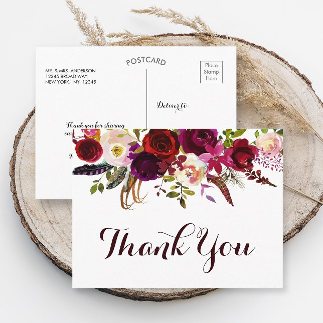 Carte Postale Bohème Floral Bourgogne Mariage de automne Merci (Front & Back)