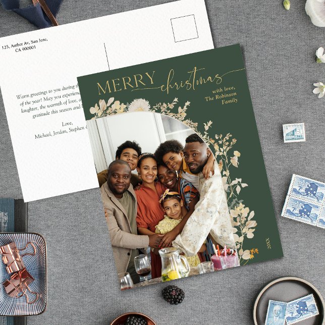 Carte Postale Bohemian Green Gold Script Photo Noël (Créateur téléchargé)