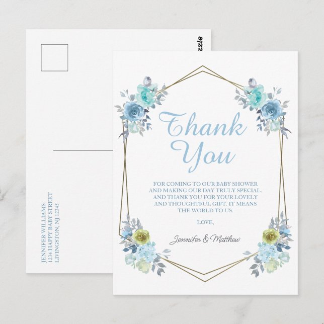 Carte Postale Boho Bleu Floral C'est un Garçon Baby Shower Merci (Devant / Derrière)