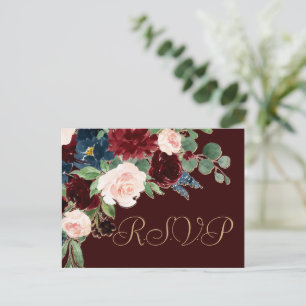 Carte Postale Boho Bloom   Dark Elegant Red et Navy RSVP Entree
