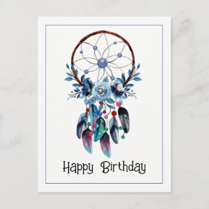 Carte Postale Boho Blue Dreamcatcher Feather Floral Anniversaire