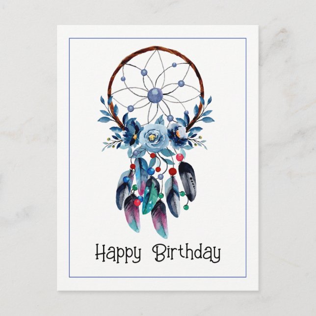 Carte Postale Boho Blue Dreamcatcher Feather Floral Anniversaire (Devant)