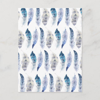 Carte Postale Boho Blue Watercolor Plumes partout sur l'impressi