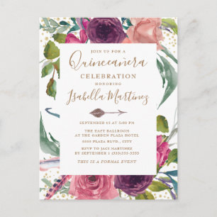 Carte Postale Boho Bourgogne Rose Floral Quinceañera
