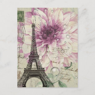 Carte Postale Boho Chic fleuri Vintage Paris Tour Eiffel