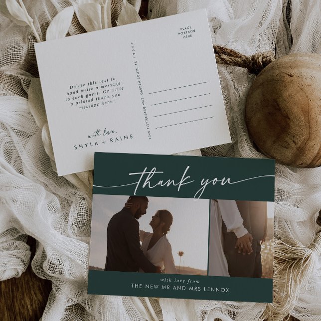 Carte Postale Boho Chic Remerciements de Photo de Mariage Vert E (Créateur téléchargé)