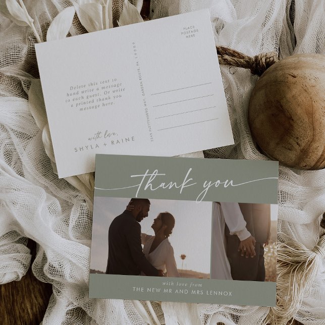 Carte Postale Boho Chic Sage Vert Mariage Photo Merci (Créateur téléchargé)
