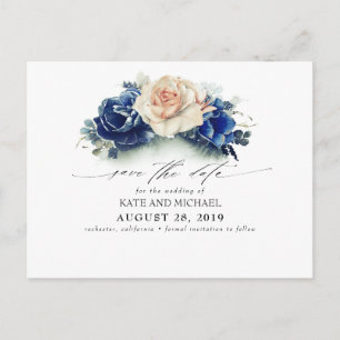 Carte Postale Boho floral bleu rouille et marine Sauvez la date
