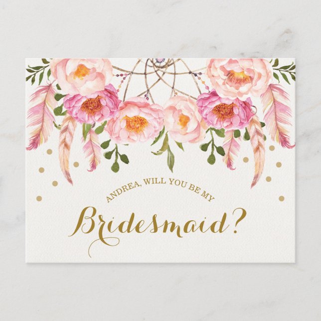 Carte Postale Boho Floral Dreamcatcher Be My Bridesmaid Card (Devant)
