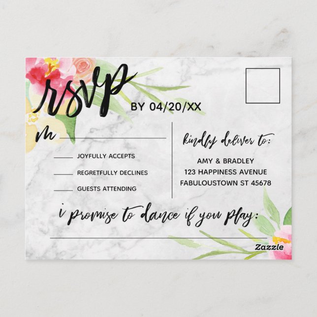 Carte Postale Boho Floral Subtil Marble Demande de Chanson RSVP (Dos)