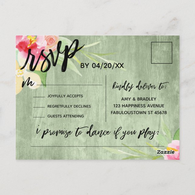 Carte Postale Boho Floral Vert Russe Bois Chanson Demande RSVP (Dos)