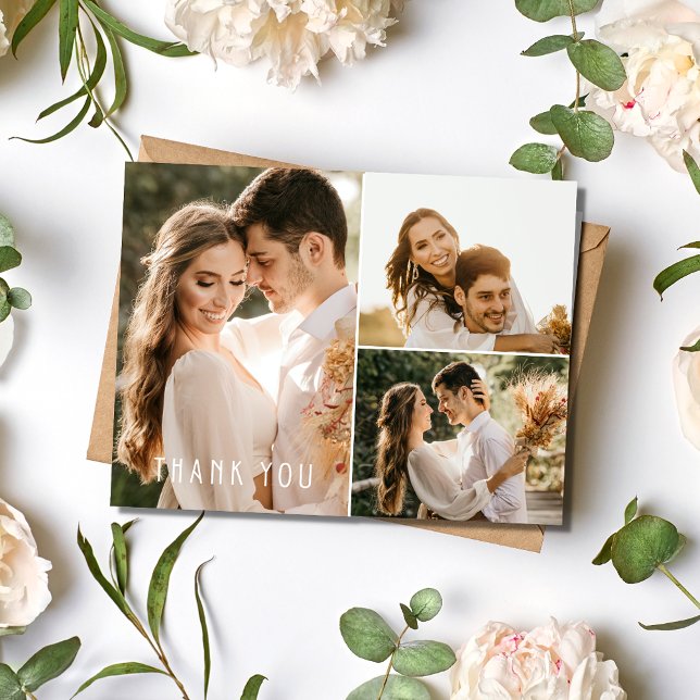 Carte Postale Boho Mariage 3 Photo Collage Merci (Boho Wedding 3 Photo Collage Thank You Postcard)