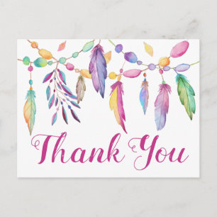 Carte Postale Boho Merci plumes violet rose Mariage indien