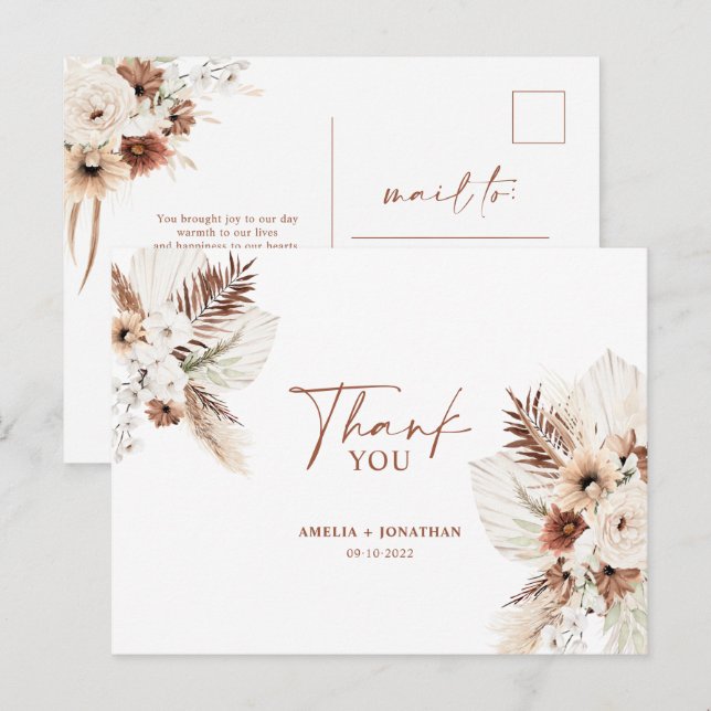 Carte postale Boho Pampas Terracotta Mariage Merci (Devant / Derrière)