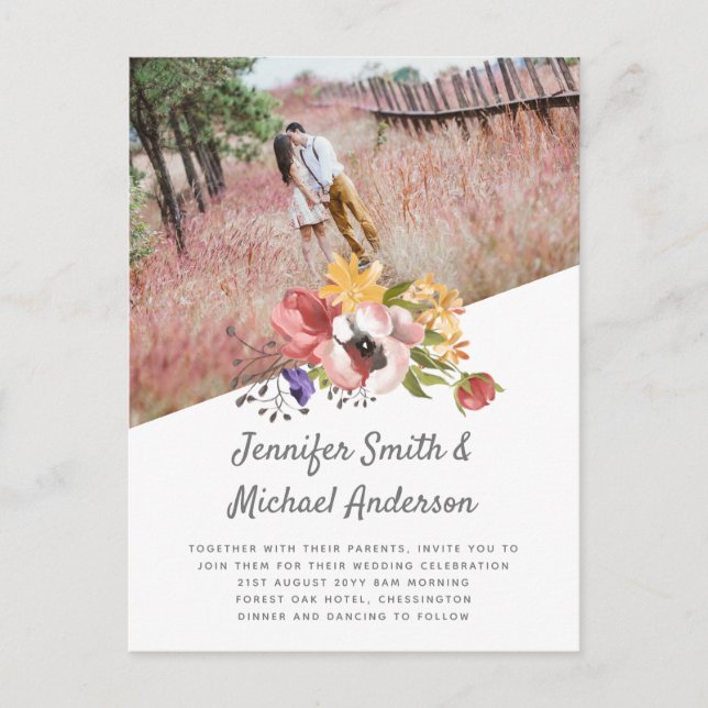 Carte Postale BOHO Pays Coral rose Floral Mariage moderne (Devant)