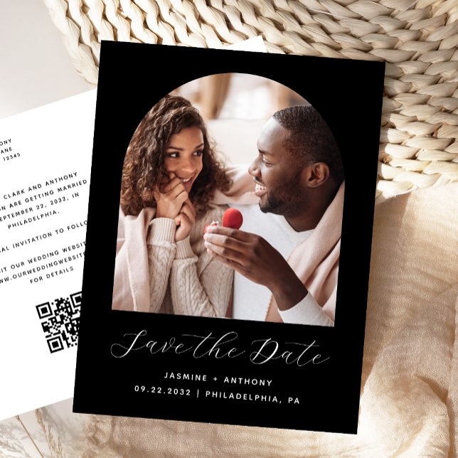 Carte Postale Boho Photo Arch Black QR Code Enregistrer la date (Créateur téléchargé)