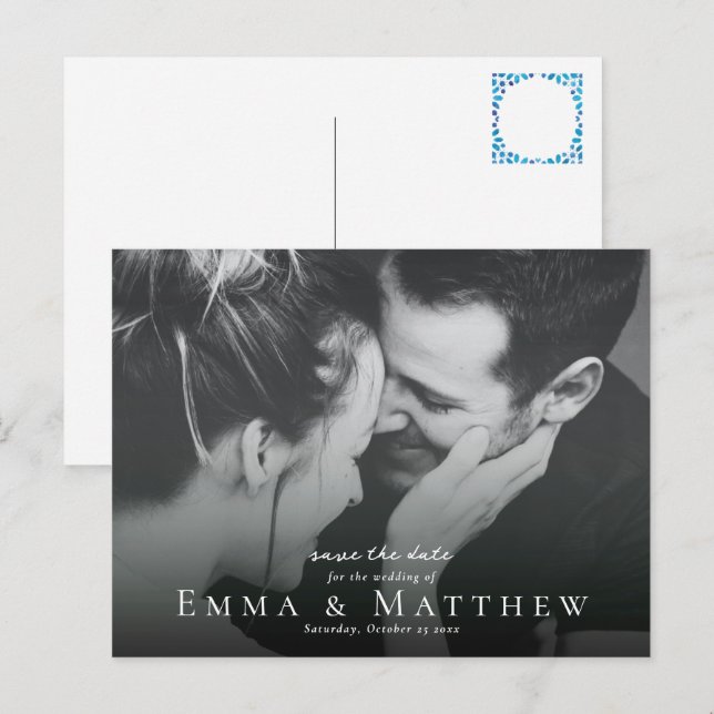Carte Postale Boho Photo Save the Date with Marocain Blue Tile (Devant / Derrière)