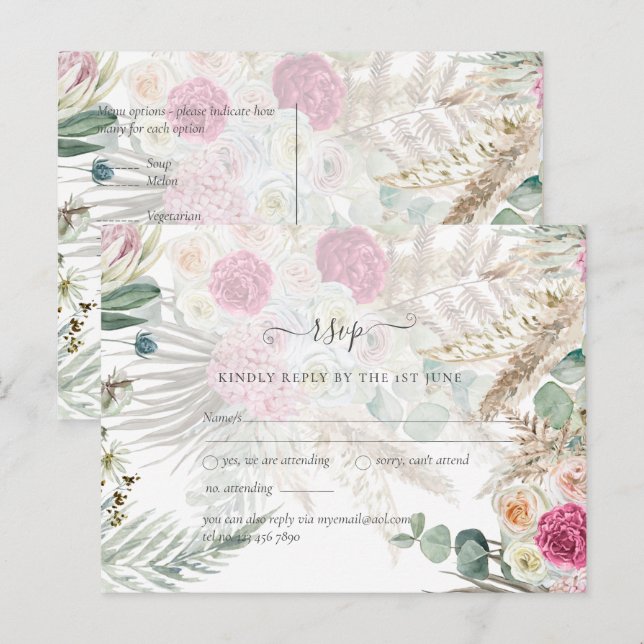 Carte Postale BOHO Réponse Fleurie Rose Herbe de Pampas Mariage (Devant / Derrière)