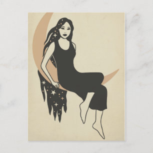 Carte Postale Boho retro femme étoiles long cheveux croissant lu