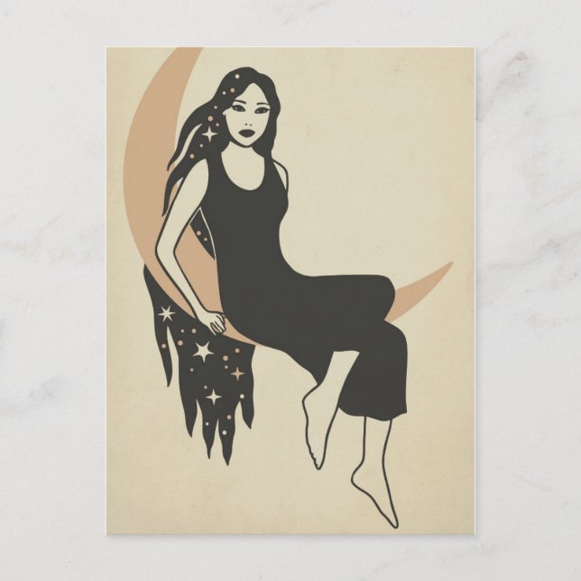 Carte Postale Boho retro femme étoiles long cheveux croissant lu (Devant)