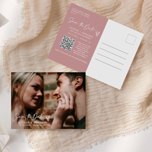 Carte Postale Boho rose Dusty simple Enregistrer la date Code QR (Créateur téléchargé)