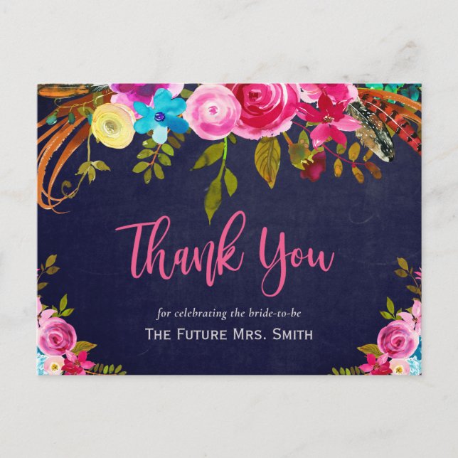 Carte Postale Boho rose Floral Marine Fête des mariées Merci (Devant)